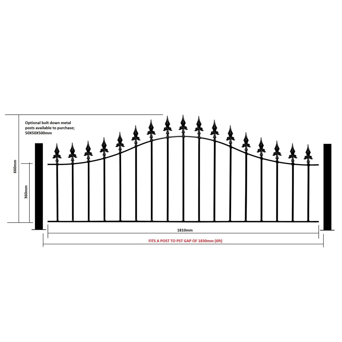 Saxon Garden Railing Panel - Arched Top - 660mm (26") High - Image 2