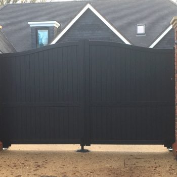 Partial Privacy Double Swing Gate - Solid vertical infill bell-curved top