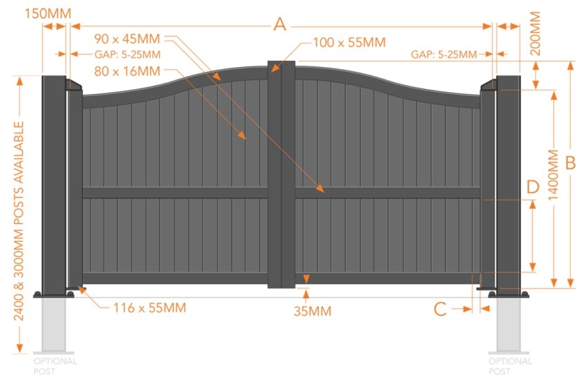 Partial Privacy Double Swing Gate - Solid vertical infill bell-curved top - Image 2
