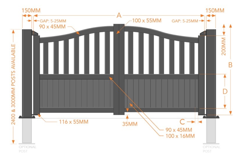 Partial Privacy Double Swing Gate – Solid vertical infill bell-curved top - Image 2