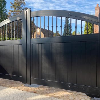 Partial Privacy Double Swing Gate – Solid vertical infill bell-curved top wide frame