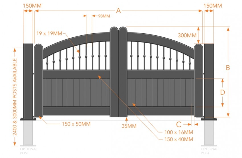 Partial Privacy Double Swing Gate – Solid vertical infill bell-curved top wide frame - Image 2