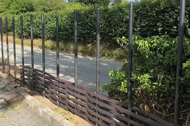 Steel posts standing along a hedge with the woven bars started at the near end
